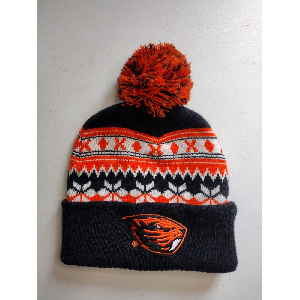 Oregon‎ State Beavers OSU NCAA Knit Beanie Pom Hat Black Orange Fair Isle BECU